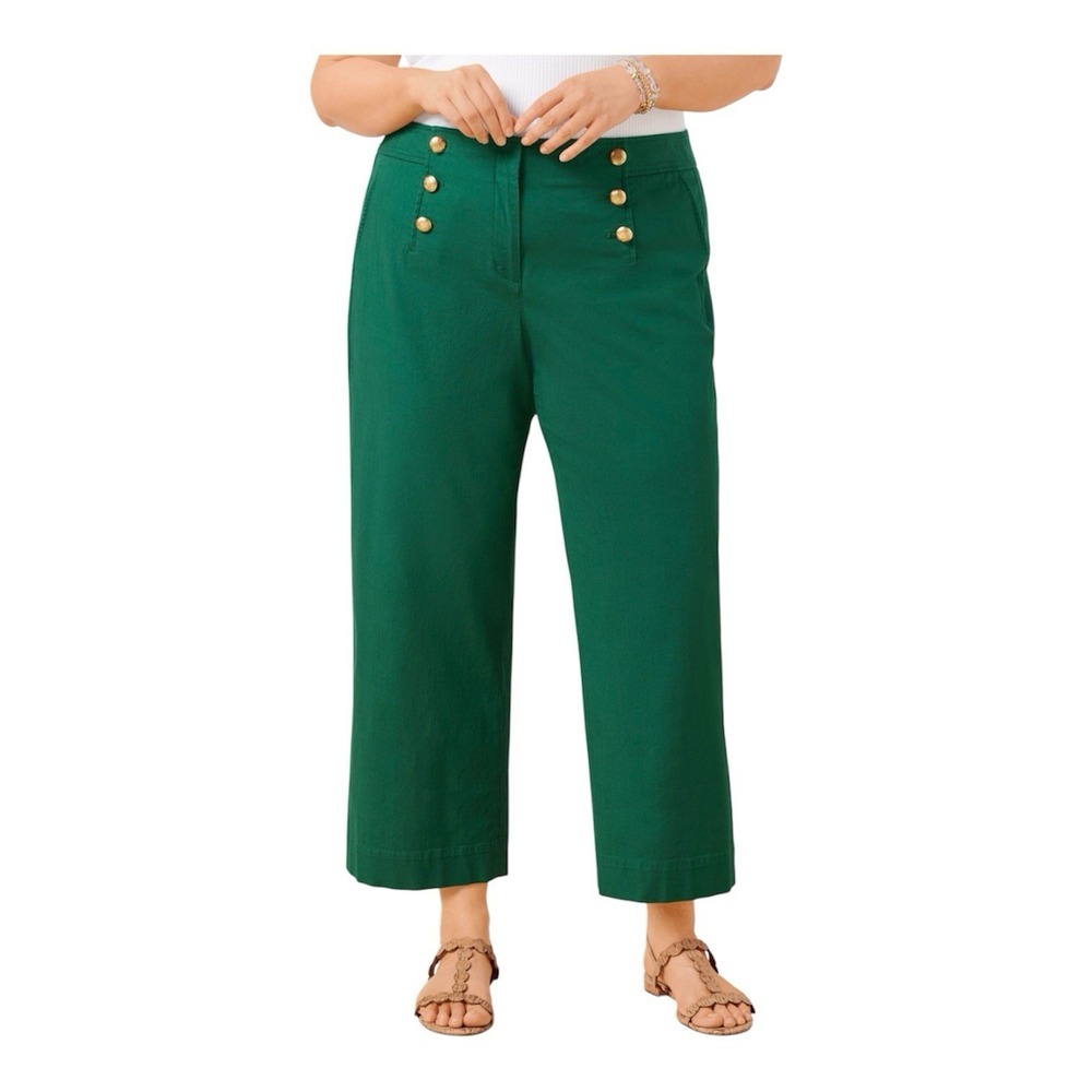 Talbots Green Sailor Pants Womens 14w Petite Wide Leg Gold Button High Rise Crop
